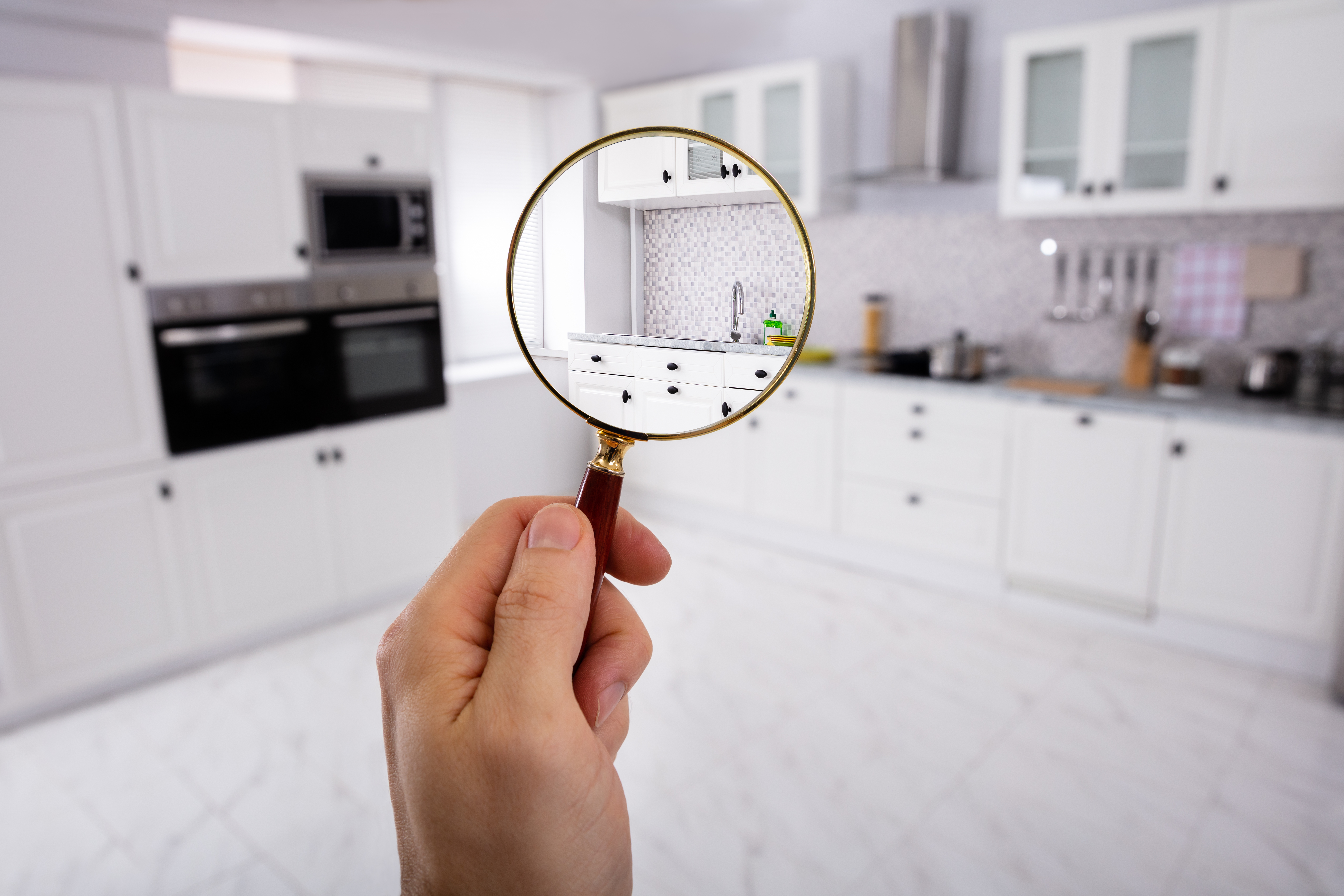 A hand holding a magnifying glass in a modern white kitchen, focusing on the cabinets and sink area, symbolising detailed property inspections and inventories.